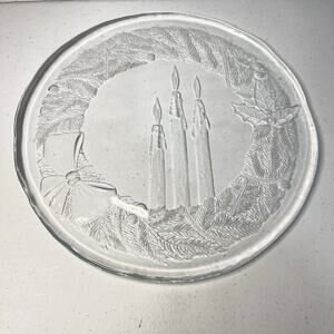 13" Embossed Crystal Serving Platter Italy Christmas Wreath with Candles VTG